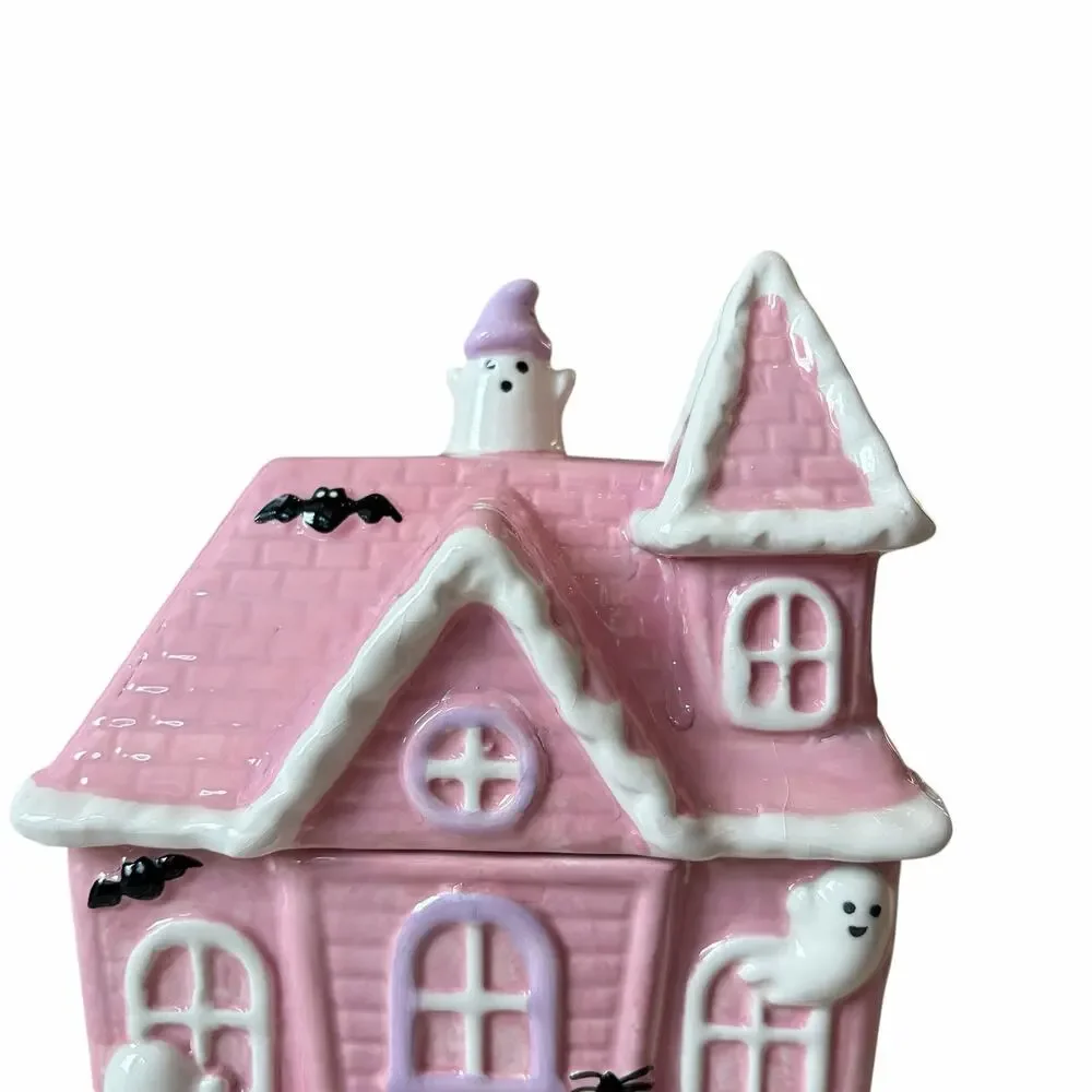 Pink Halloween HAUNTED HOUSE Cookie Jar by Booville Ceramic Spooky Boo New